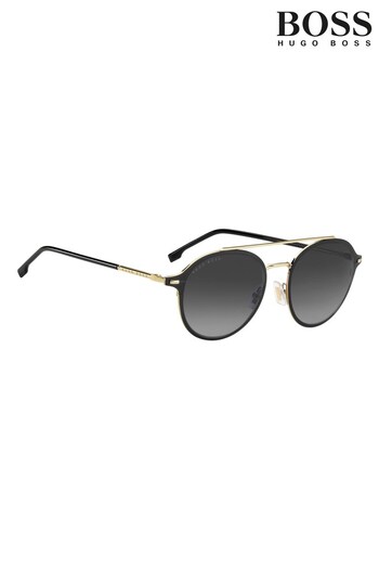 BOSS Black/Gold Gold Round Brow Bar Sunglasses (M44540) | £180