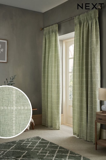 Sage Green Windowpane Check Lined Pencil Pleat Curtains (M45163) | £75 - £150