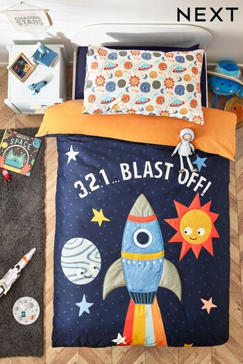 Navy Blue Kids Textured Rocket Design Duvet Cover And Pillowcase Set (M45441) | £40 - £45