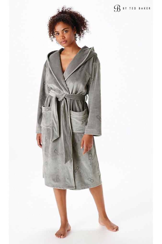 Shimmer Grey Plush Fleece Hooded Robe Dressing Gown With Reversible Sh   OLIVIA ROCCO