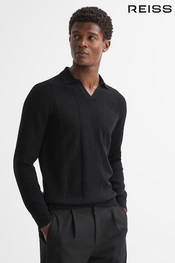 Reiss Black Malik Wool Open Collar Top (M47942) | £118