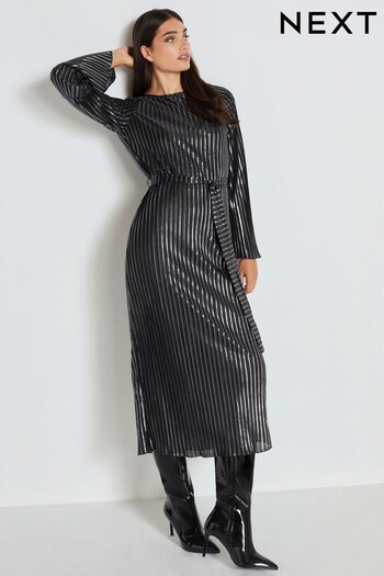 Silver Metallic Stripe Long Sleeve Belted Midi Dress (M48130) | £50