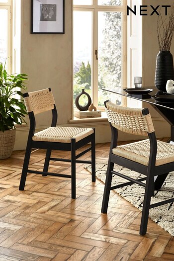 Set of 2 Black Wood Woven Oslo Non Arm Dining Chairs (M48431) | £280