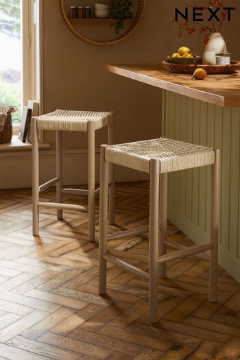Set of 2 Blonde Wood Woven Oslo Fixed Height Non Arm Bar Stools (M48442) | £190