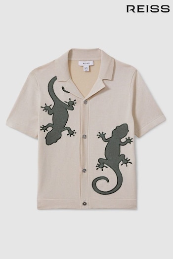 Reiss Stone/Green Reggie Knitted Reptile Cuban Collar Shirt (M48780) | £50