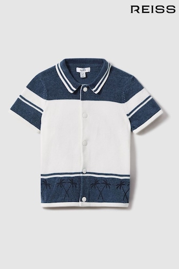 Reiss Optic White/Airforce Blue Bowler Velour Embroidered Striped Shirt (M48953) | £54