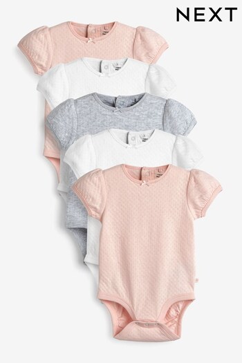 Pink/Cream Pointelle 5 Pack Short Sleeve Baby Bodysuits (M50026) | £17 - £19