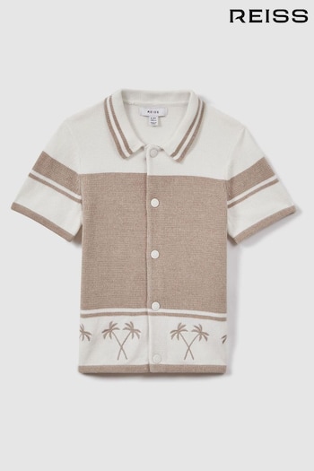 Reiss Taupe/Optic White Bowler Velour Embroidered Striped Shirt (M50330) | £54