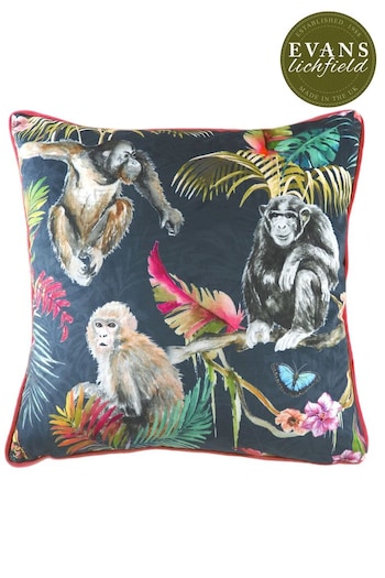 Evans Lichfield Blue Jungle Monkey Velvet Polyester Filled Cushion (M50607) | £20