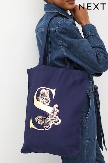 Navy Blue Metallic Butterfly Initial Tote Bag (M51900) | £6