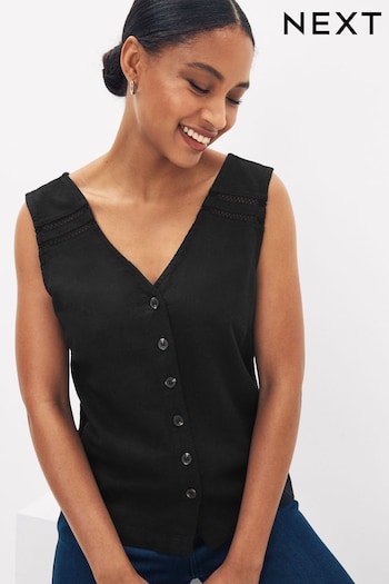 Black Linen Blend Button Through Top (M52802) | £18