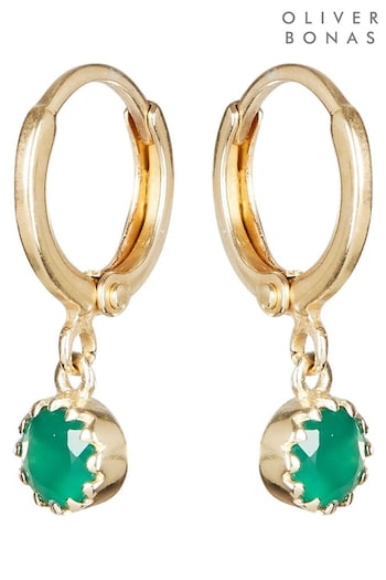 Oliver Bonas Alula Round Green Onyx Drop Gold Plated Huggie Earrings (M56820) | £26