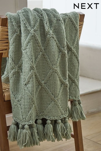 Sage Green Chunky Cable Knit Throw (M64386) | £60 - £100