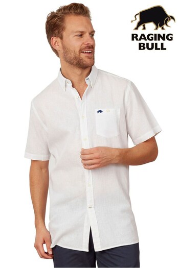 Raging Bull White Short Sleeve Signature Linen Shirt (M64549) | £34