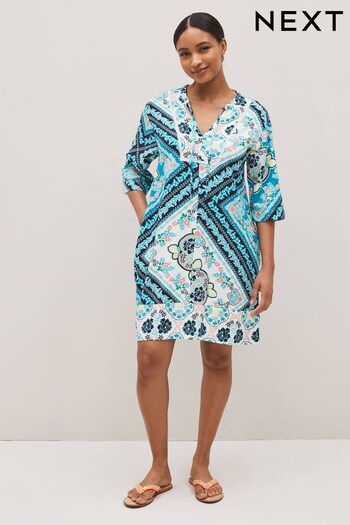 Blue Scarf Print Kaftan Dress skinny With Linen (M65779) | £32