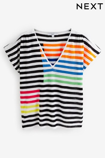 Black/White Rainbow Stripe V-Neck Linen T-Shirt (M65791) | £14