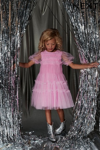 Pink Tulle Mesh Puff Sleeve Occasion Party Dress (3-16yrs) (M66857) | £30 - £36
