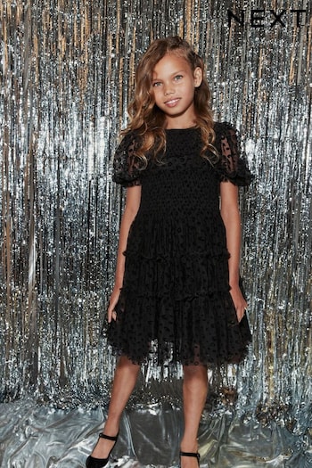 Black Animal Tulle Mesh Puff Sleeve Occasion Party Dress (3-16yrs) (M66862) | £34 - £40