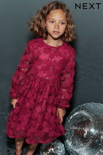 Red Flower 3D Floral Mesh Sequin Long Sleeve Party Dress (3-16yrs) (M66865) | £27 - £33
