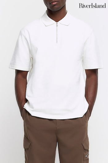 River Island White Texture Zip Neck Polo Shirt (M67343) | £30