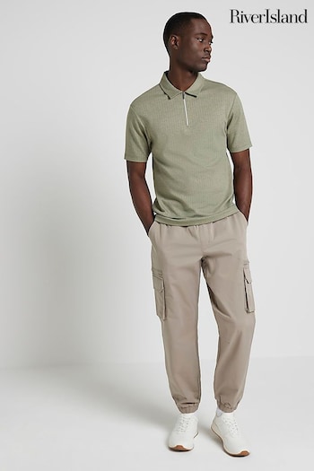 River Island Green Herringbone Regular Fit Zip Polo Shirt (M68286) | £30