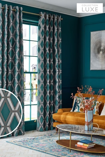 Teal Blue Collection Luxe Heavyweight Geometric Cut Velvet Lined Eyelet Curtains (M69032) | £175 - £350