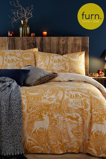 furn. Ochre Yellow Winter Woods Animal Reversible Duvet Cover and Pillowcase Set (M69110) | £16 - £34