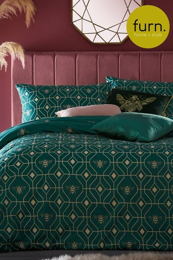 furn. Emerald Green Bee Deco Geometric Reversible Duvet Cover and Pillowcase Set (M69115) | £16 - £34