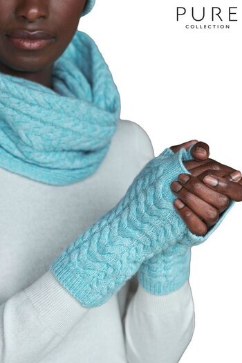 Pure Collection Blue Cashmere Cable Mittens (M70135) | £35