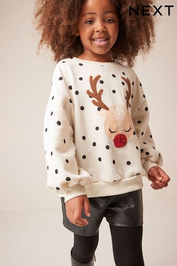 Ecru Cream Reindeer Spot Party Sweatshirt Jumper (3-16yrs) (M71463) | £14 - £19