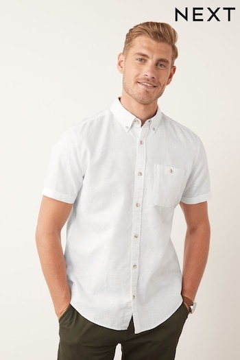 White Standard Collar Linen Blend Short Sleeve Shirt (M71864) | £28