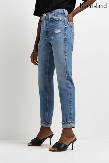 River Island Blue High Rise Turn Up Mom Jeans (M76563) | £40