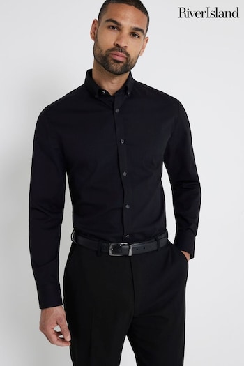 River Island Black Muscle Fit Long Sleeve Textured Shirt (M77269) | £25