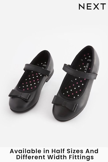 Black Wide Fit (G) School Leather Bow Mary Jane Shoes Unisex (M77417) | £26 - £35