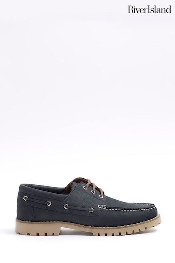 River Island Blue Leather Boat Tundra Shoes (M78856) | £60