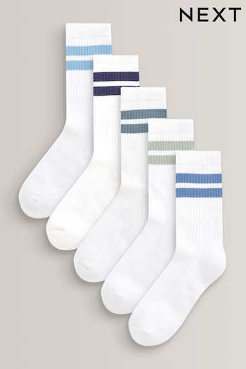 White/Blue 5 Pack Cushioned Footbed Cotton Rich Ribbed Socks (M80207) | £7 - £10