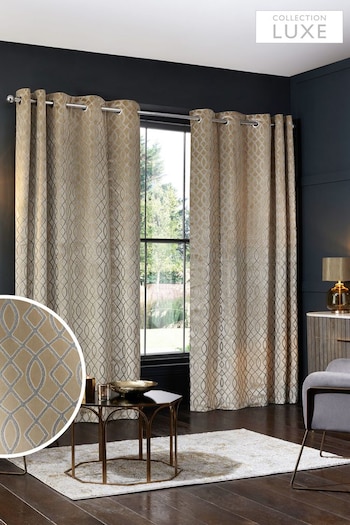 Champagne Gold Next Collection Luxe Heavyweight Maeve Damask Velvet Eyelet Lined Curtains (M82795) | £175 - £350