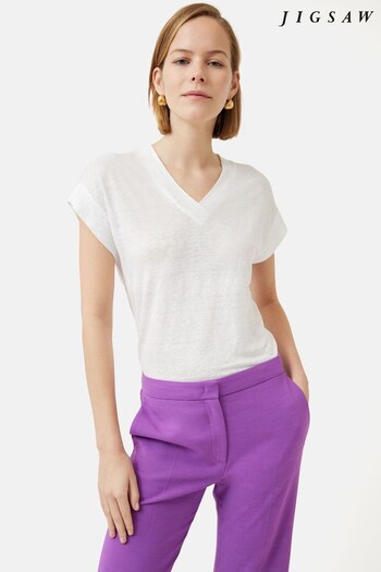 Jigsaw Linen Short Sleeve V-Neck White T-Shirt (M84564) | £59