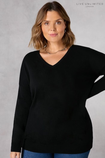 Live Unlimited Relaxed V-Neck Knitted Black Jumper (M85368) | £69