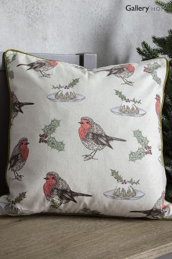 Gallery Direct Natural Robin Christmas Pudding Cushion (M85426) | £22