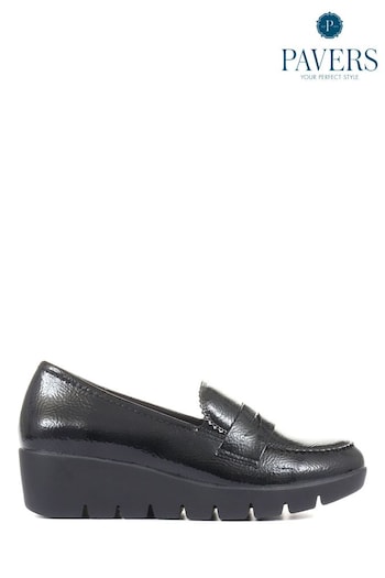 Pavers Black Ladies High-Shine Wedge Loafers (M85455) | £35