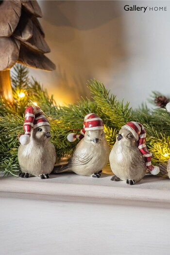 Gallery Home Set of 4 Natural Birds With Stripey Christmas Hats (M85544) | £16