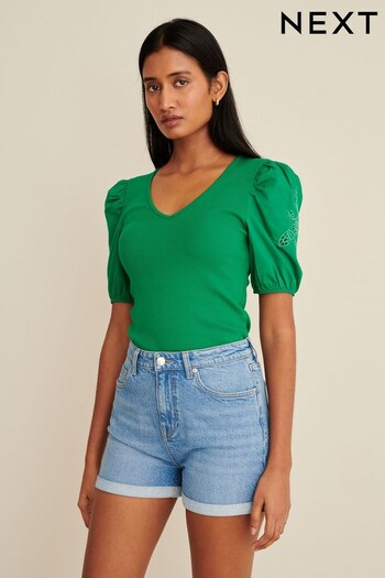 Green Broderie Sleeve Ribbed Top (M86574) | £25