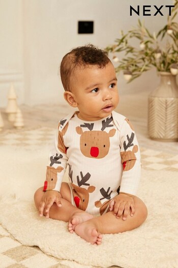Cream Reindeer Baby Long Sleeve Rib Bodysuit 1 Pack (M87340) | £5 - £6