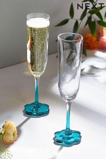 Set of 2 Teal Blue Flower Base Champagne Flutes (M87412) | £16