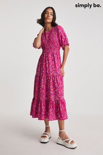 Simply Be Pink Spot Shirred Midi Dress (M87429) | £32