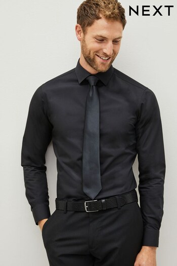Black Slim Fit Single Cuff Shirt And Tie Pack (M88043) | £30