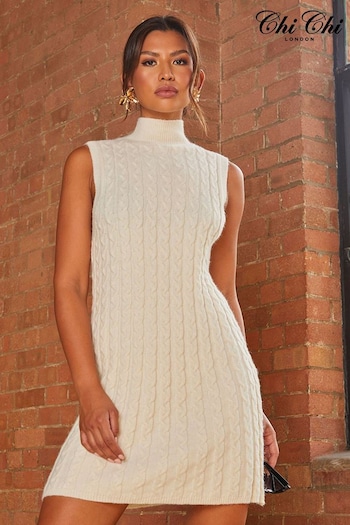 Chi Chi London Cream All Over Knitted Cable High Neck Mini Dress (M89328) | £53