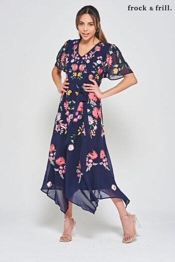 Frock and Frill Blue Embroidered Maxi Dress (M89683) | £175