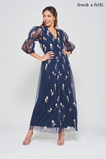 Frock and Frill Blue Embroidered Maxi Dress (M89689) | £165